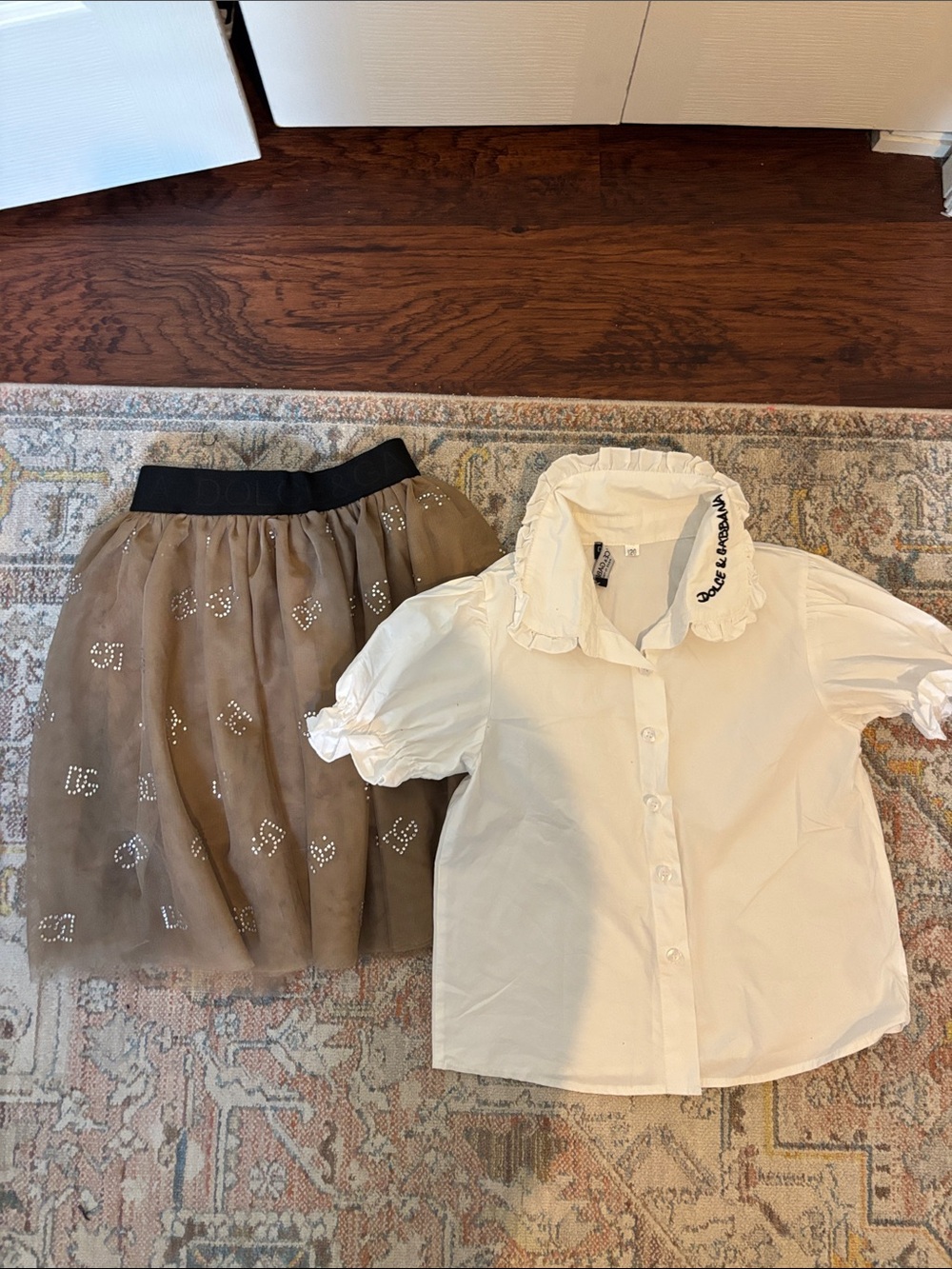 Dolce & Gabbana Cream Ruffle Blouse and Brown Tulle Skirt Set
